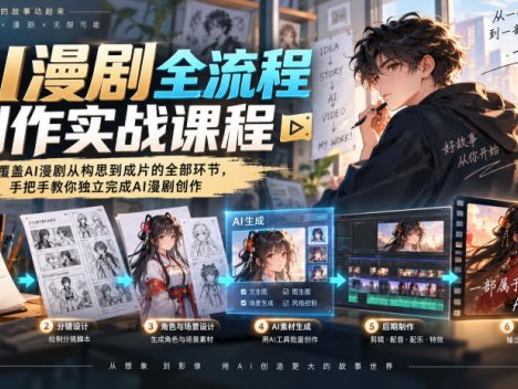 AI漫剧全流程制作实战课程，完整覆盖AI漫剧从构思到成片的全部环节，手把手教你独立完成AI漫剧创作