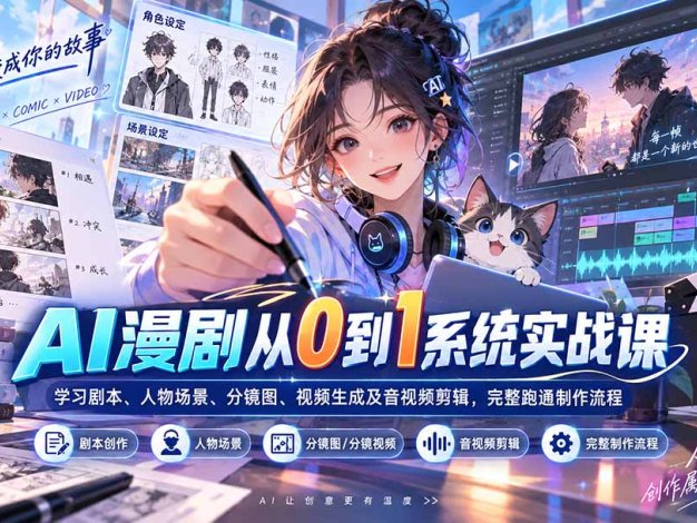 AI漫剧从0到1系统实战课:学习剧本、人物场景、分镜图、视频生成及音视频剪辑,完整跑通制作流程