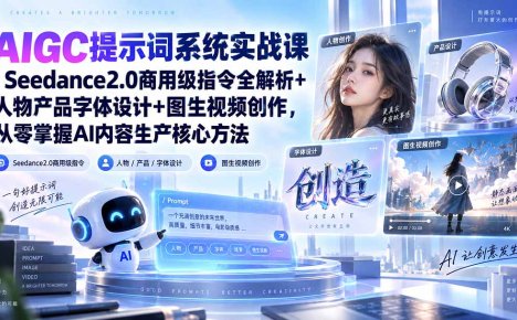 AIGC提示词系统实战课-无水印|Seedance2.0商用级指令全解析+人物产品字体设计+图生视频创作,掌握AI内容生产方法