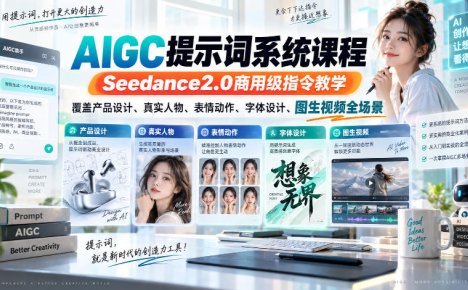 AIGC提示词系统课程,Seedance2.0商用级指令教学,覆盖产品设计、真实人物、表情动作、字体设计、图生视频全场景