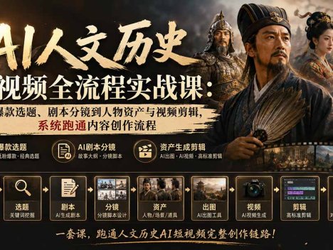 AI人文历史短视频全流程实战课-更新：从爆款选题、剧本分镜到人物资产与视频剪辑，系统跑通内容创作流程