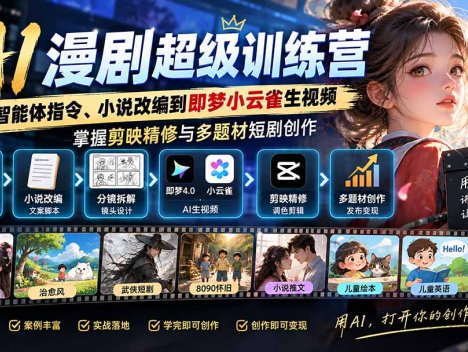 AI漫剧超级特训营：从智能体指令、小说改编到即梦小云雀生视频，掌握剪映精修与多题材短剧创作