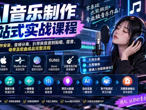 AI音乐制作一站式实战课程：从软件插件安装、音频分离、扒带换音源到贴唱、混音、母带及歌曲成品完整流程