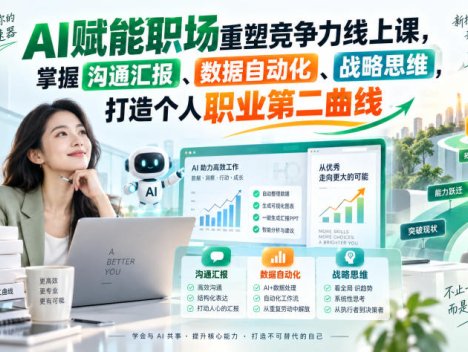 AI赋能职场重塑竞争力线上课，掌握沟通汇报、数据自动化、战略思维，打造个人职业第二曲线