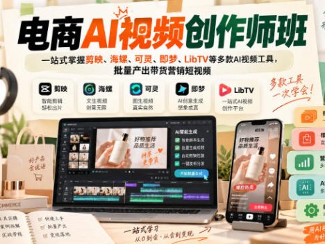 电商AI视频创作师班，一站式掌握剪映、海螺、可灵、即梦、LibTV等多款AI视频工具，批量产出带货营销短视频
