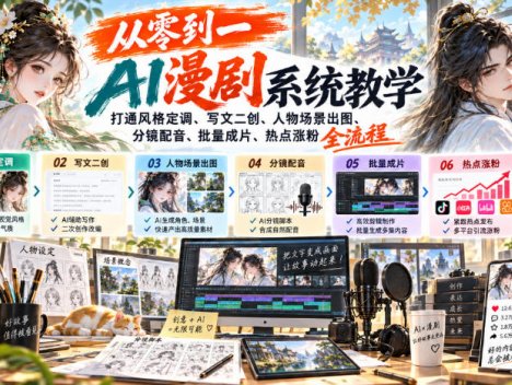 从零到一AI漫剧系统教学，打通风格定调、写文二创、人物场景出图、分镜配音、批量成片、热点涨粉全流程
