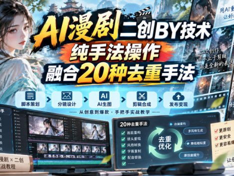AI漫剧二创搬运技术，纯手法操作，融合20种去重手法