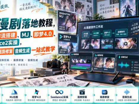 AI漫剧落地教程，涵盖工作流搭建、MJ、即梦4.0、Seedance2实操，视频剪辑画质修复音频生成一站式教学