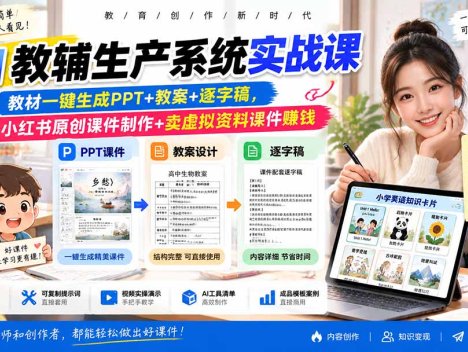 AI教辅生产系统实战课｜教材一键生成PPT+教案+逐字稿，小红书原创课件制作+卖虚拟资料课件赚钱