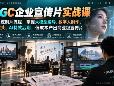 AIGC企业宣传片实战课，重构传统制片流程，掌握大模型编导、数字人制作、美学镜头、AI特效后期，低成本产出商业级宣传片