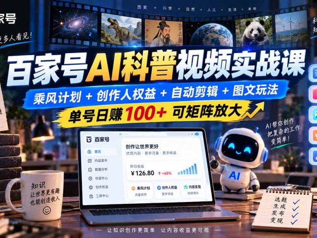 百家号AI科普视频实战课:乘风计划+创作人权益+自动剪辑+图文玩法,单号日赚100+可矩阵放大