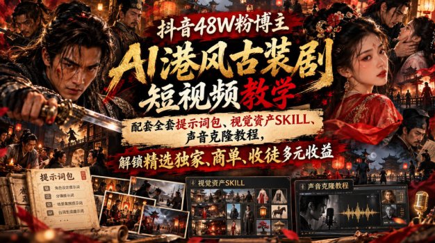 抖音48W粉博主AI港风古装剧短视频教学，配套全套提示词包、视觉资产SKILL、声音克隆教程，解锁精选独家、商单、收徒多元收益
