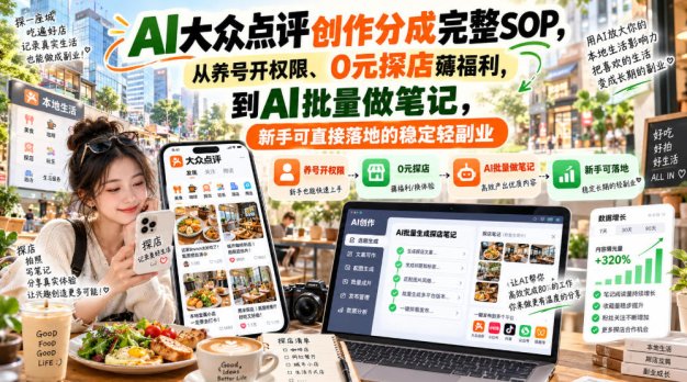 【无水印】AI大众点评创作分成完整SOP，从养号开权限、0元探店薅福利，到AI批量做笔记，新手可直接落地的稳定轻副业