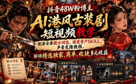 抖音48W粉博主AI港风古装剧短视频教学,配套全套提示词包、视觉资产SKILL、声音克隆教程,解锁精选独家、商单、收徒多元收益
