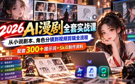 【无水印】2026AI漫剧全套实战课:从小说剧本、角色分镜到视频剪辑全流程,配套300+提示词+Skill制作资料