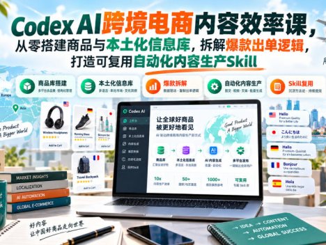 Codex AI跨境电商内容效率课，从零搭建商品与本土化信息库，拆解爆款出单逻辑，打造可复用自动化内容生产Skill