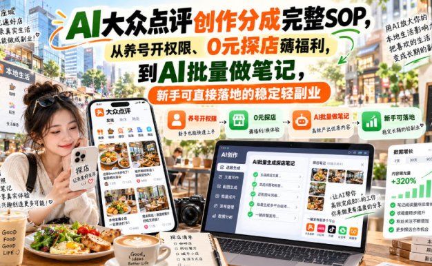 【无水印】AI大众点评创作分成完整SOP,从养号开权限、0元探店薅福利,到AI批量做笔记,新手可直接落地的稳定轻副业