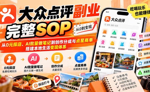【无水印】大众点评副业完整SOP:从0元探店、AI批量做笔记到创作分成与点星商单,搭建本地生活变现体系
