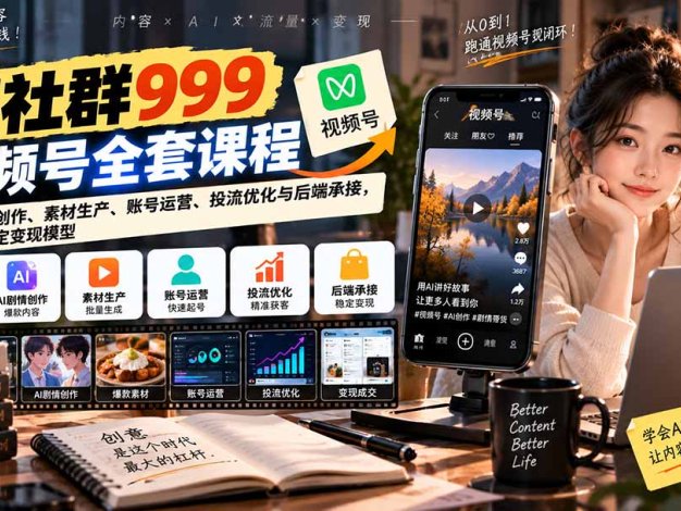 【无水印】某社群999视频号全套课程：AI剧情创作、素材生产、账号运营、投流优化与后端承接，建立稳定变现模型