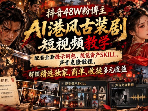 抖音48W粉博主AI港风古装剧短视频教学，配套全套提示词包、视觉资产SKILL、声音克隆教程，解锁精选独家、商单、收徒多元收益