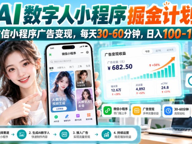 【无水印】AI数字人小程序掘金计划，微信小程序广告变现，每天30‑60分钟，日入100‑1k+