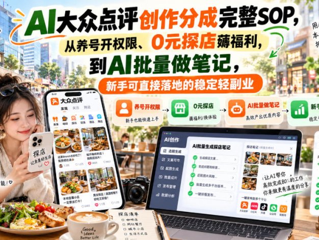 【无水印】AI大众点评创作分成完整SOP，从养号开权限、0元探店薅福利，到AI批量做笔记，新手可直接落地的稳定轻副业