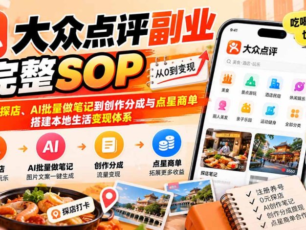 【无水印】大众点评副业完整SOP：从0元探店、AI批量做笔记到创作分成与点星商单，搭建本地生活变现体系