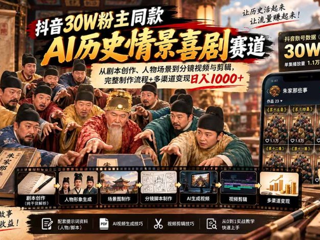 抖音30W粉博主同款AI历史情景喜剧赛道：从剧本创作、人物场景到分镜视频与剪辑，完整制作流程+多渠道变现日入1000+