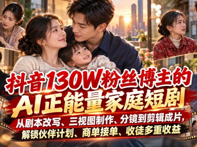 抖音130W粉丝博主的AI正能量家庭短剧，从剧本改写、三视图制作、分镜到剪辑成片，解锁伙伴计划、商单接单、收徒多重收益