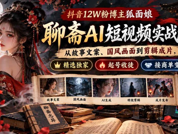 抖音12W粉博主狐面娘-聊斋AI短视频实战课：从故事文案、国风画面到剪辑成片，精选独家+起号收徒+接商单变现