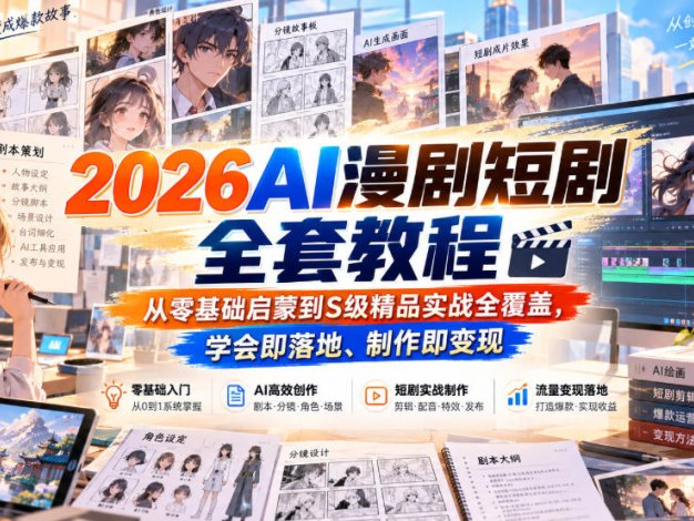 2026AI漫剧短剧全套教程，从零基础启蒙到S级精品实战全覆盖，学会即落地、制作即变现