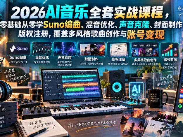 2026AI音乐实战课程，零基础从零学Suno编曲、混音优化、声音克隆、版权注册，覆盖多风格歌曲创作与账号变现(更新0924)