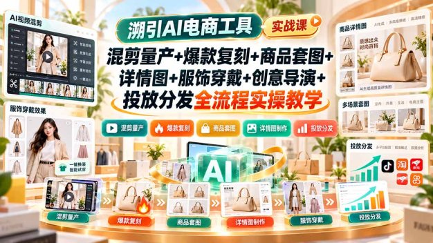 溯引AI电商工具实战课:混剪量产+爆款复刻+商品套图+详情图+服饰穿戴+创意导演+投放分发全流程实操教学