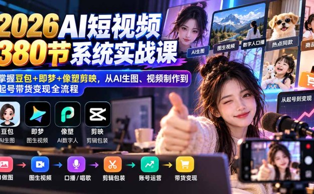 【无水印】2026AI短视频380节系统实战课:掌握豆包+即梦+像塑剪映,从AI生图、视频制作到起号带货变现全流程