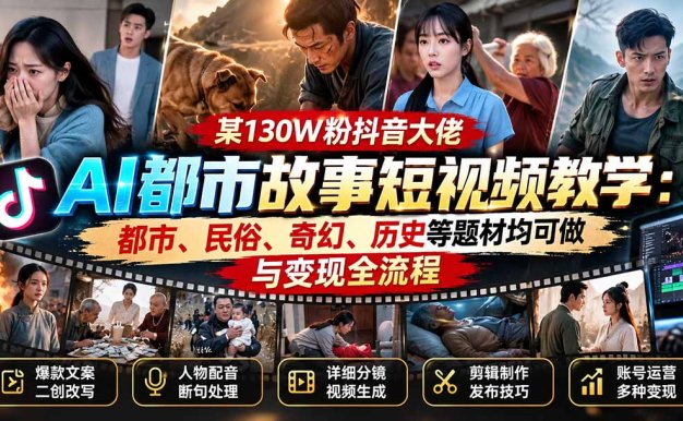 某130W粉抖音大佬AI都市故事短视频教学:都市、民俗、奇幻、历史等题材均可做与变现全流程