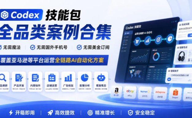 Codex技能包全品类案例合集,无需魔法、无需国外手机号、无需美金订阅,覆盖亚马逊等平台运营全链路AI自动化方案