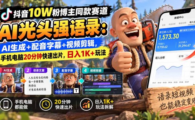 【无水印】抖音10W粉博主同款赛道AI光头强语录:AI生成+配音字幕+视频剪辑,手机电脑20分钟快速出片,日入1K+玩法