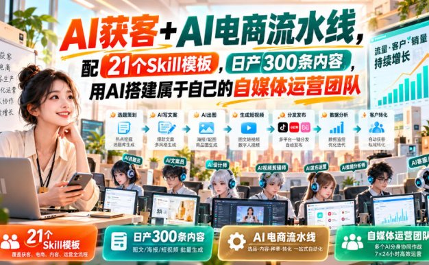 AI获客+AI电商流水线，配21个Skill模板，日产300条内容，用AI搭建属于自己的自媒体运营团队