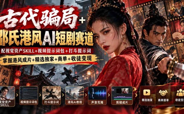 古代骗局+邵氏港风AI短剧赛道:配视觉资产SKILL+视频提示词包+打斗提示词,掌握港风成片+精选独家+商单+收徒变现