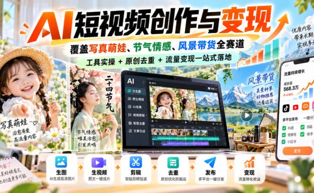 AI短视频创作与变现,覆盖写真萌娃、节气情感、风景带货全赛道,工具实操+原创去重+流量变现一站式落地
