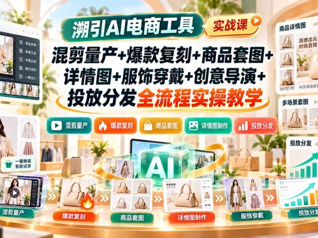 溯引AI电商工具实战课:混剪量产+爆款复刻+商品套图+详情图+服饰穿戴+创意导演+投放分发全流程实操教学