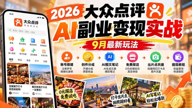 2026大众点评AI副业变现实战9月最新玩法:账号搭建+创作分成+AI图文笔记+免费探店+出片点共建与提现教程