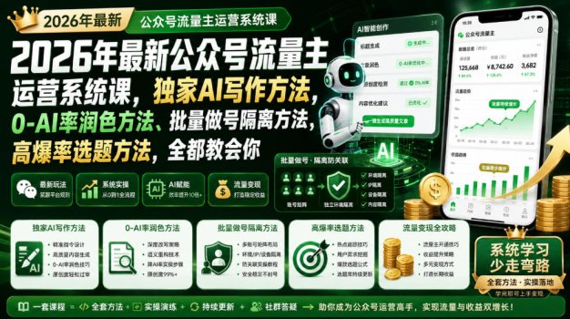 2026年最新公众号流量主运营系统课,独家AI写作方法,0-AI率润色方法、批量做号隔离方法、高爆率选题方法,全都教会你(更新1009)