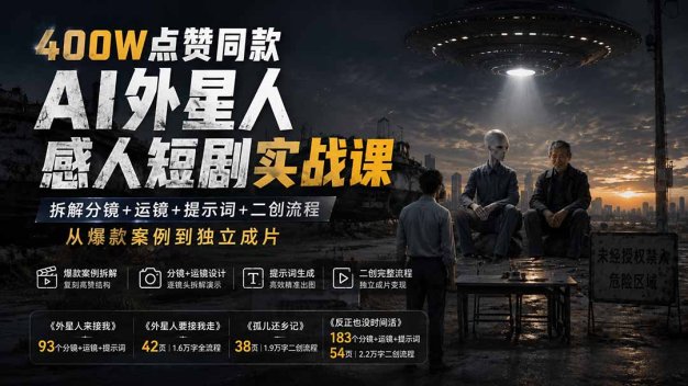 400W点赞同款AI外星人感人短剧实战课-更新1009:拆解分镜+运镜+提示词+二创流程,从爆款案例到独立成片