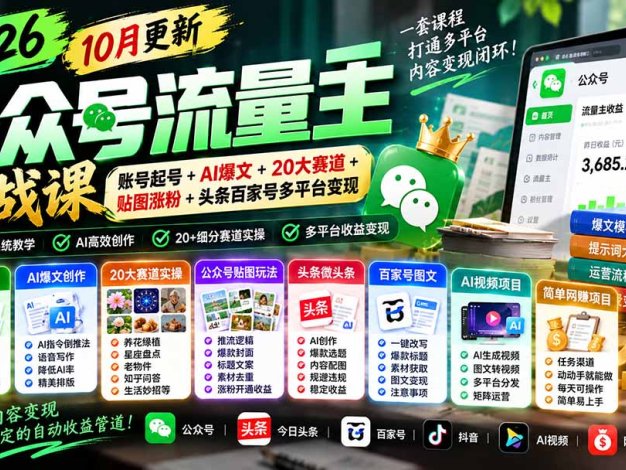 2026公众号流量主实战课-10月更新:账号起号+AI爆文+20大赛道+贴图涨粉+头条百家号多平台变现