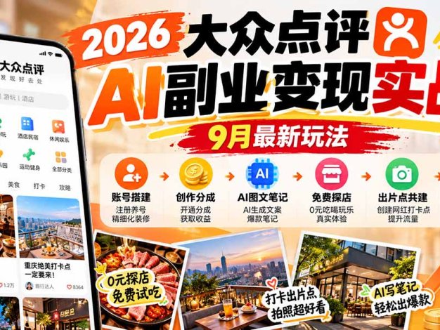 2026大众点评AI副业变现实战9月最新玩法:账号搭建+创作分成+AI图文笔记+免费探店+出片点共建与提现教程