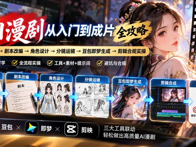 AI漫剧从入门到成片全攻略:小说授权→剧本改编→角色设计→分镜运镜→豆包即梦生成→剪辑合规实操