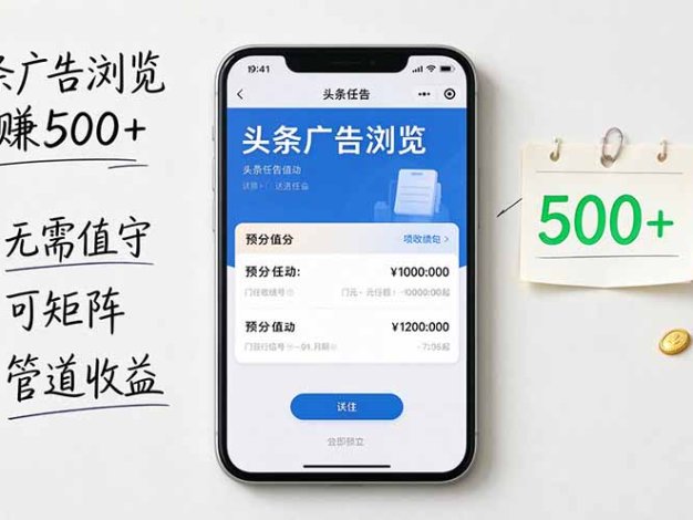 头条广告浏览躺赚500+无需值守，可矩阵并附有管道收益