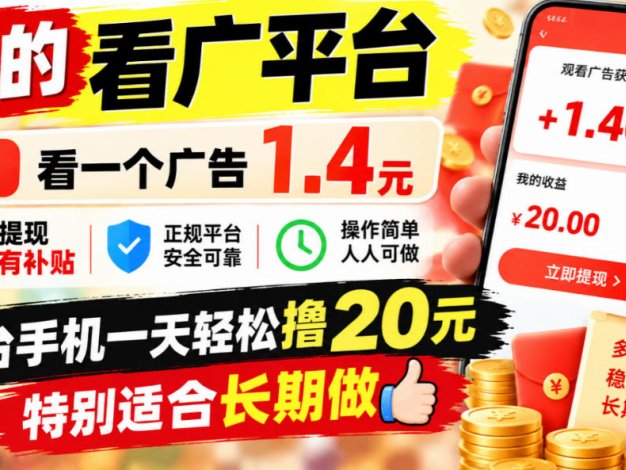 一个新的看广平台，看一个广告1.4元，提现有补贴,一台手机一天轻松撸20+，特别适合长期做【揭秘】