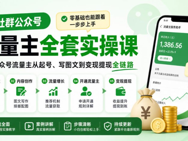 某社群公众号流量主全套实操课，零基础也能跟着一步步上手，打通公众号流量主从起号、写图文到变现提现全链路